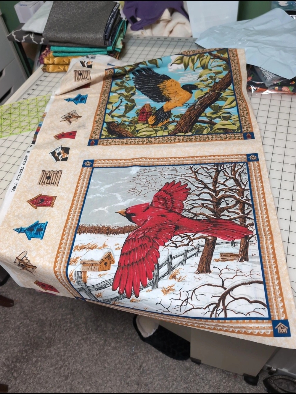 Bird Panel Home Fabric - Red and Yellow Bird Print